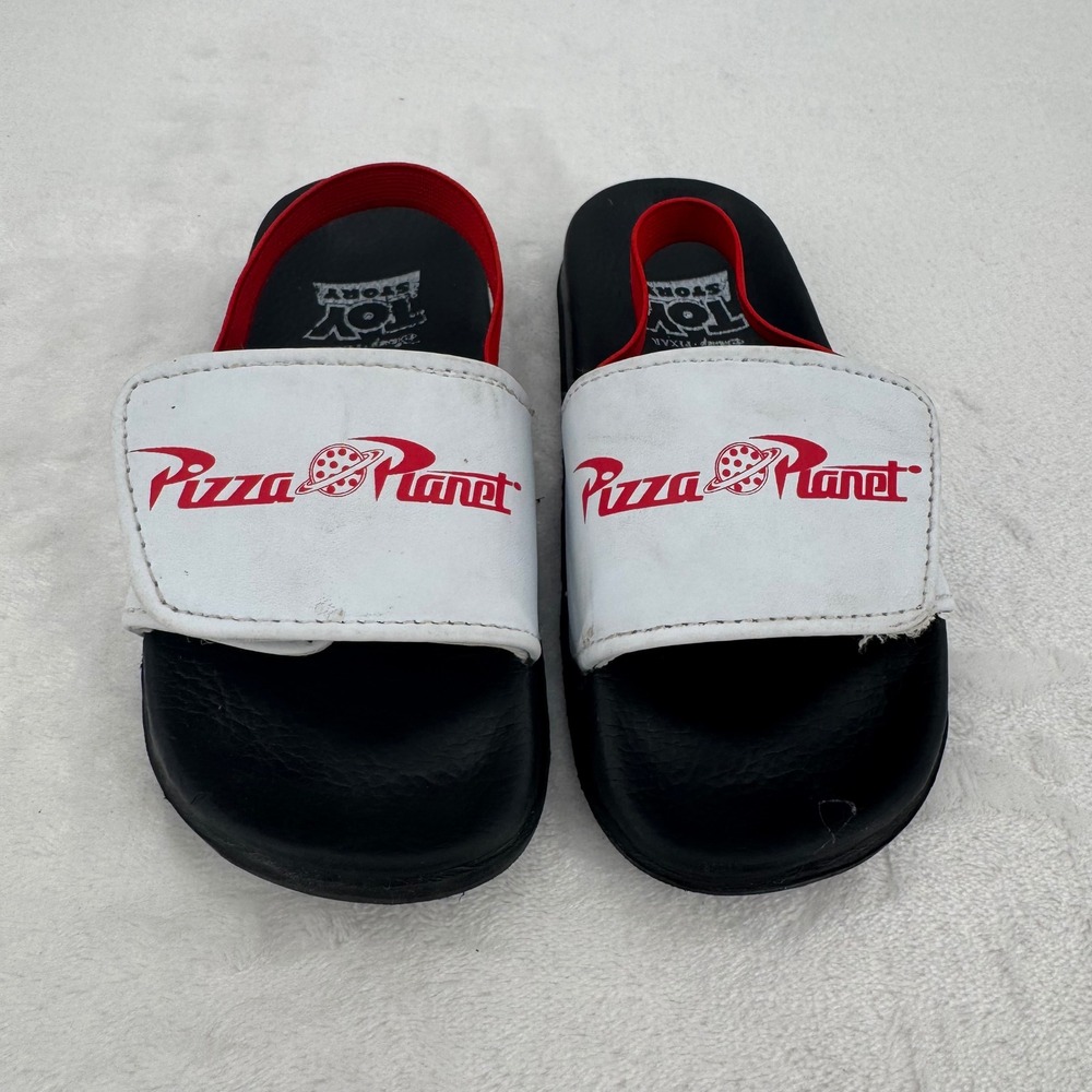 Disney Toy Story Pizza Planet Adjustable Sandal Slides Kids Sz 8 Black White Red